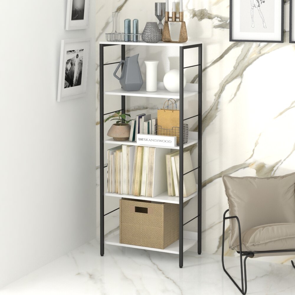 Стеллаж, этажерка, пенал, шкаф для книг металлический, деревянный напольный в стиле лофт SKANDIWOOD Chicago 60x32x145 см, белый/черный