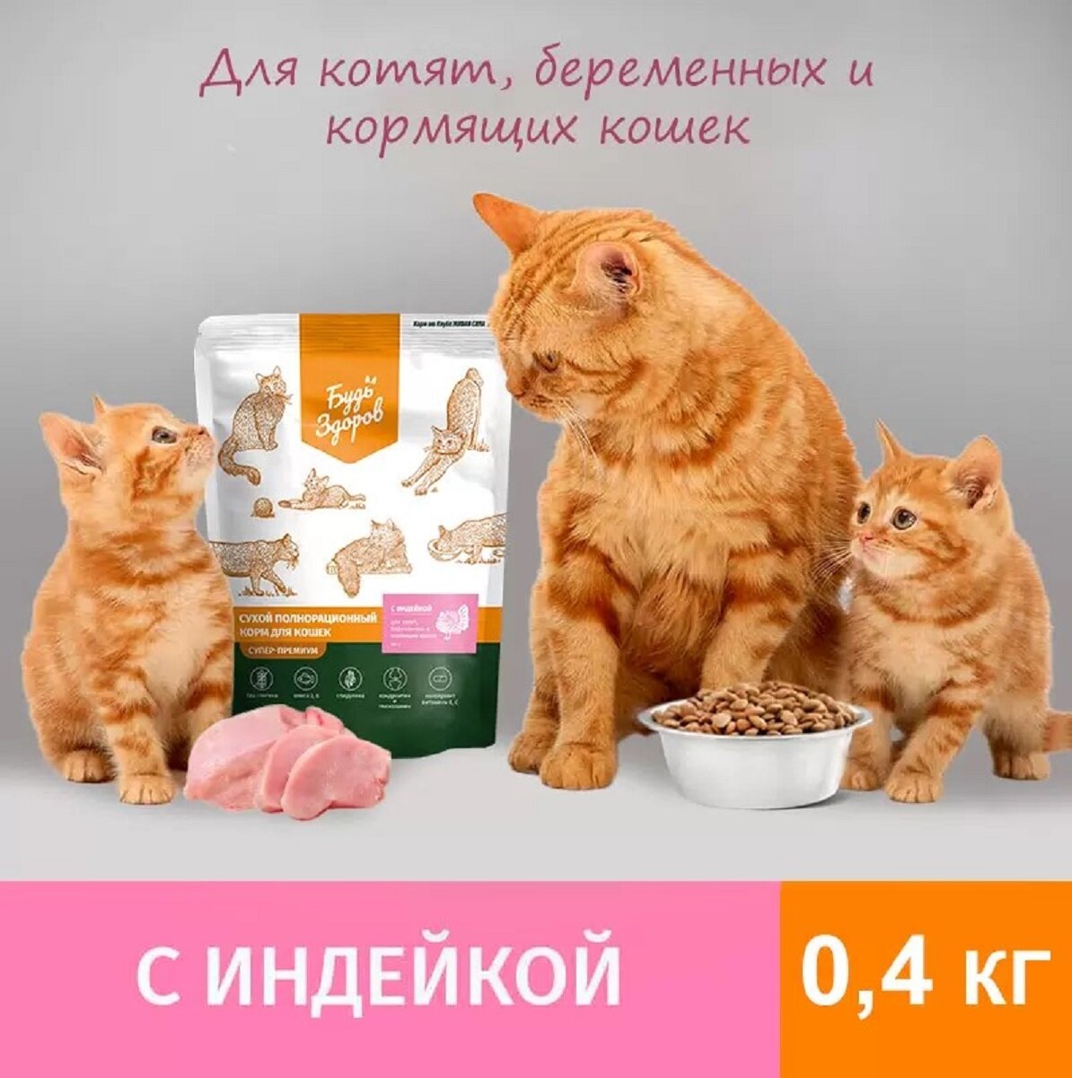 Будь Здоров. Сухой корм для котят, берем. и кормящ. кошек с индейкой, 0,4 кг.