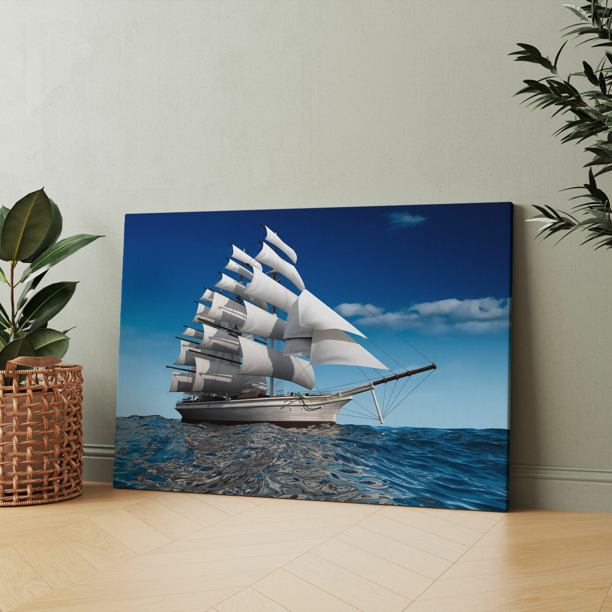 Картина на холсте (белый парус корабль в море) 40x60 см/для интерьера/в комнату/на стену/в подарок