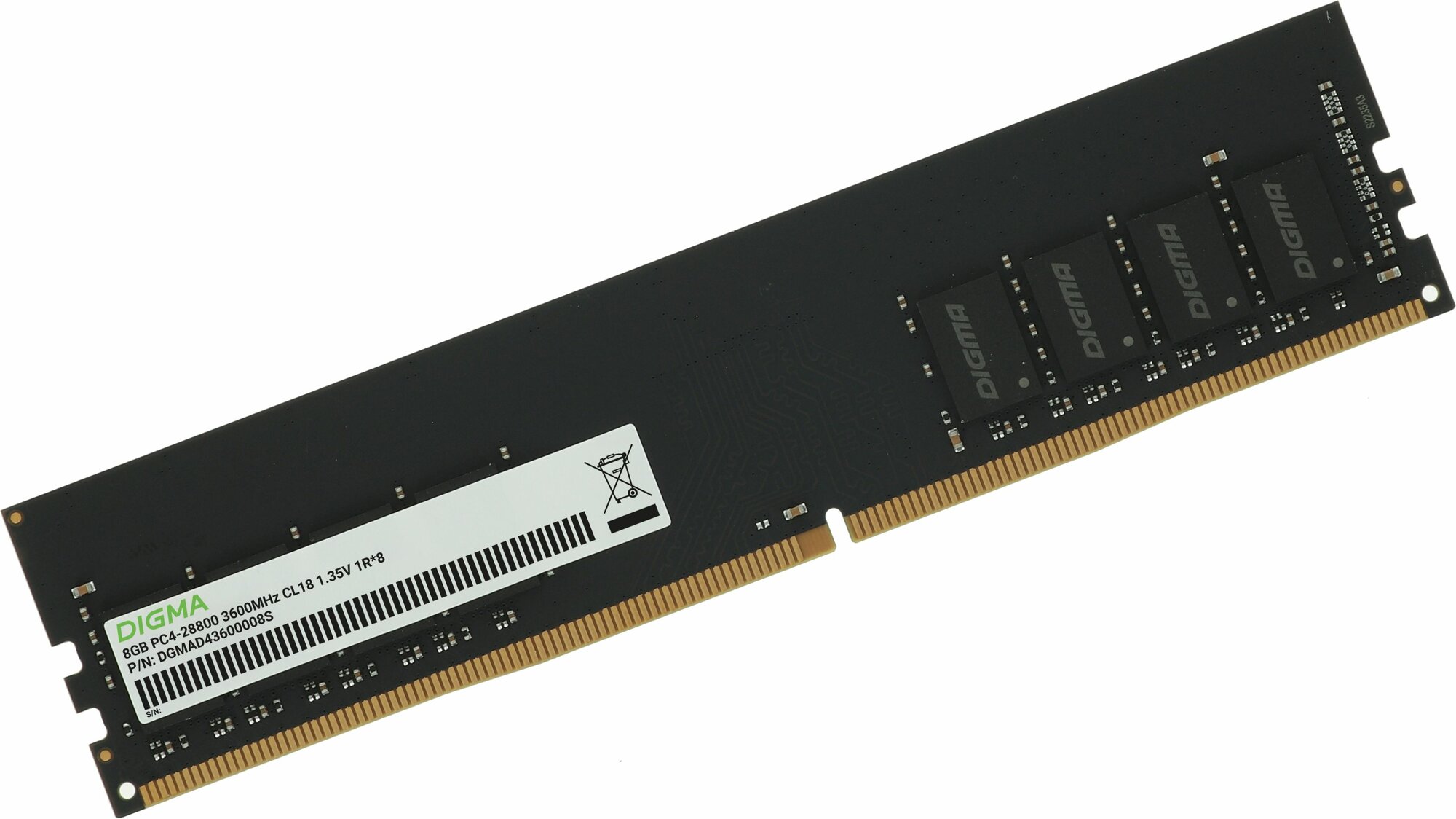 Модуль памяти Digma DGMAD43600008S, объем 1 х 8GB, форм-фактор DIMM 288-pin, тип памяти DDR4, рабочая частота 3600MHz