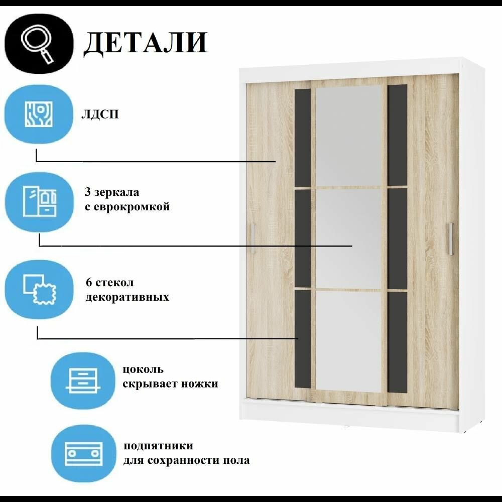 Шкаф-Купе Денвер /Тайм-2 Белый Сонома Черный, ЛДСП с зеркалом, полками, штангами, для прихожей, спальни, гостиной 1310х2000х500 мебельный РАЙ — фото 1