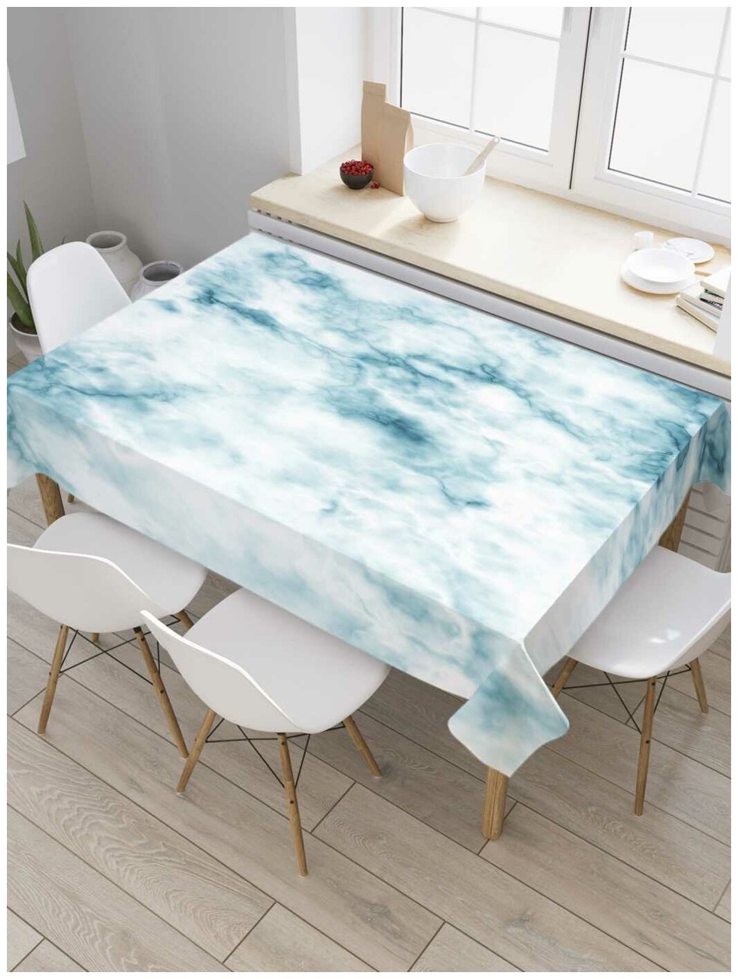 Прямоугольная водоотталкивающая тканевая скатерть на стол JoyArty с рисунком "Облачный мрамор" 145 на 180 смбелый, голубой, синий