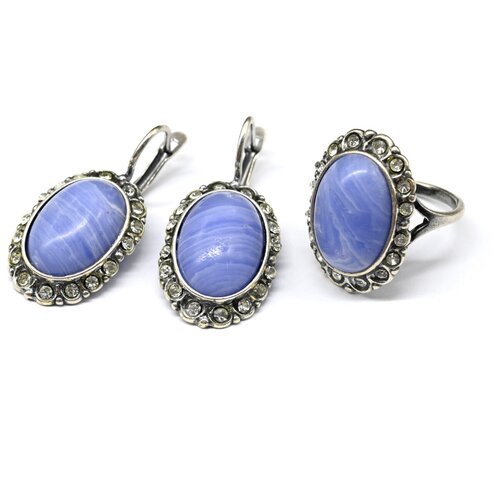 Комплект бижутерии Радуга Камня: серьги, кольцо, агат, размер кольца 16, голубой