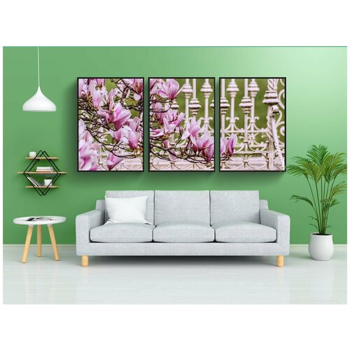 фото Набор модулных постеров для интерьера "магнолии, весна приветствие, пробуждение весны" 60x90 см. в тубусе, без рамки lotsprints