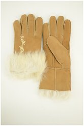 Перчатки женские зимние натуральная замша с натуральным мехом Happy Gloves три цветочка светлых светло коричневый размер 7,5