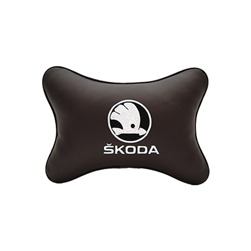 Автомобильная подушка на подголовник экокожа Coffee (белая) с логотипом автомобиля SKODA