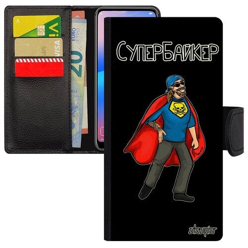 фото Противоударный чехол книжка для // samsung galaxy a40 // "супербайкер" герой смешной, utaupia, черный
