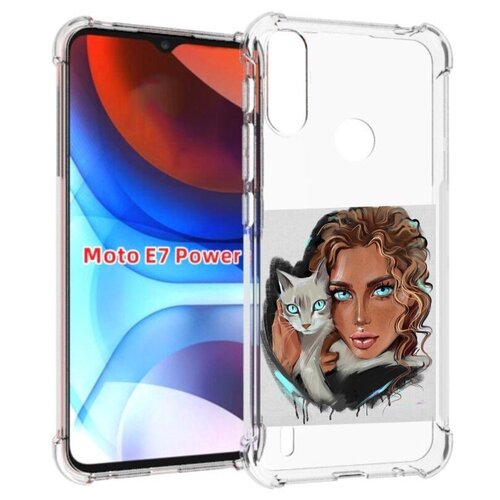 Чехол MyPads девушка-с-котом-голубые-глаза женский для Motorola Moto E7 Power задняя-панель-накладка-бампер