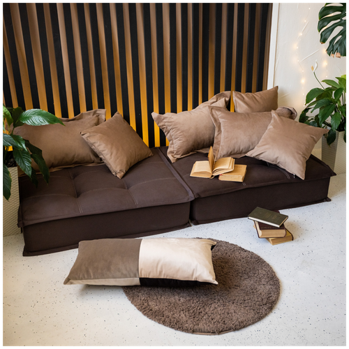 Бескаркасный диван-кровать трансформер MIELLA Lora 2 Small, коричневый, карамельные подушки