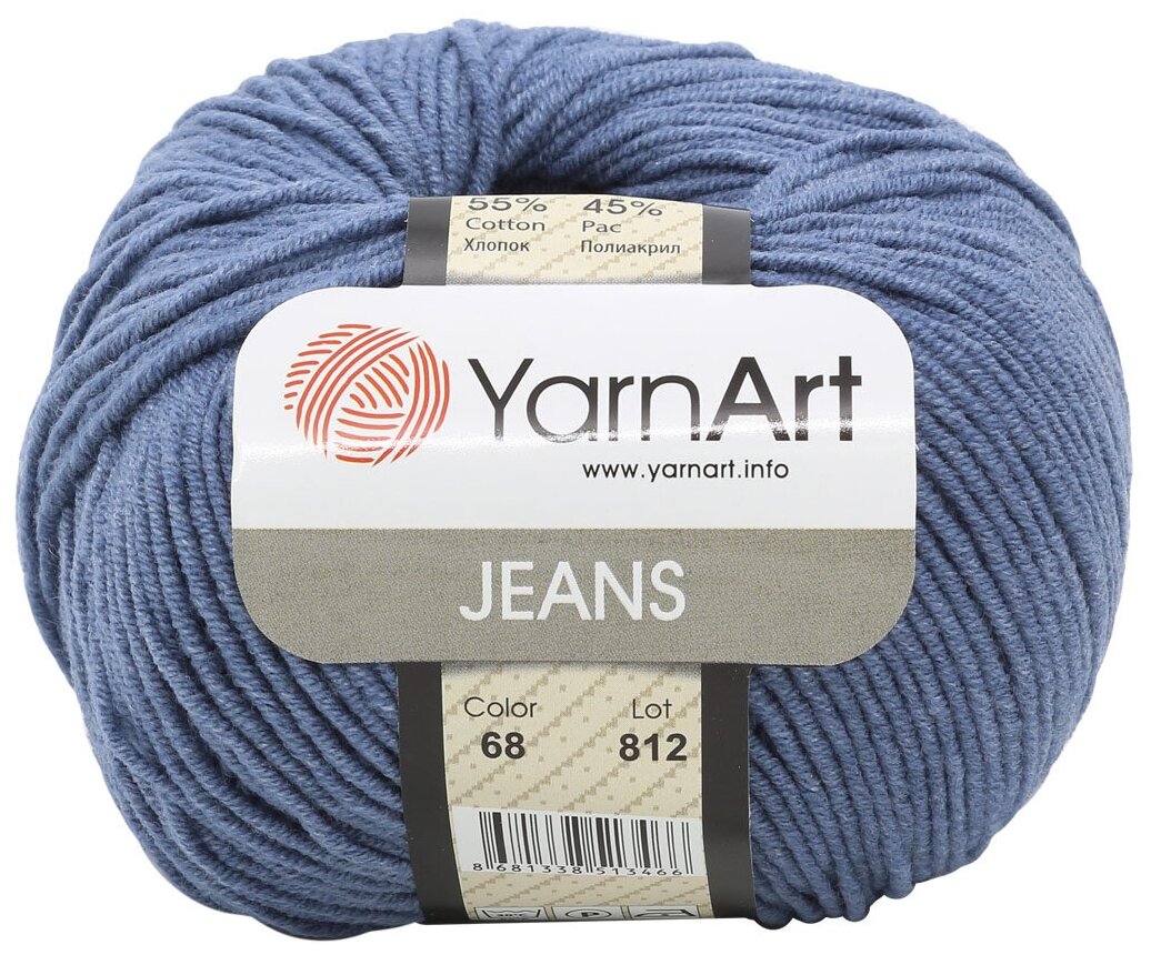 Пряжа YarnArt "Jeans", 55% хлопок, 45% акрил, 160 м/50 гр, (68 джинс), 1 шт