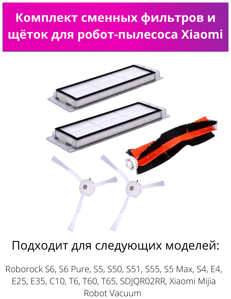 Комплект фильтров и щеток для робот-пылесоса Xiaomi Mi Robot Vacuum Cleaner/SDJQR01RR/1S/Sweep One S5/S55/Xiaowa E2/C10/Xiaomi Roborock S6 Pure