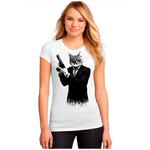 фото "женская белая футболка кот, пистолет, костюм". размер s drabs