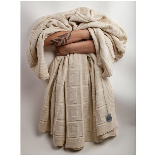 Плед вязаный, Warm Whiff, R-10, пудровый, 180x220, хлопок, плед двухспальный, покрывало на диван, одеяло для сна, натуральное, тонкое покрывало