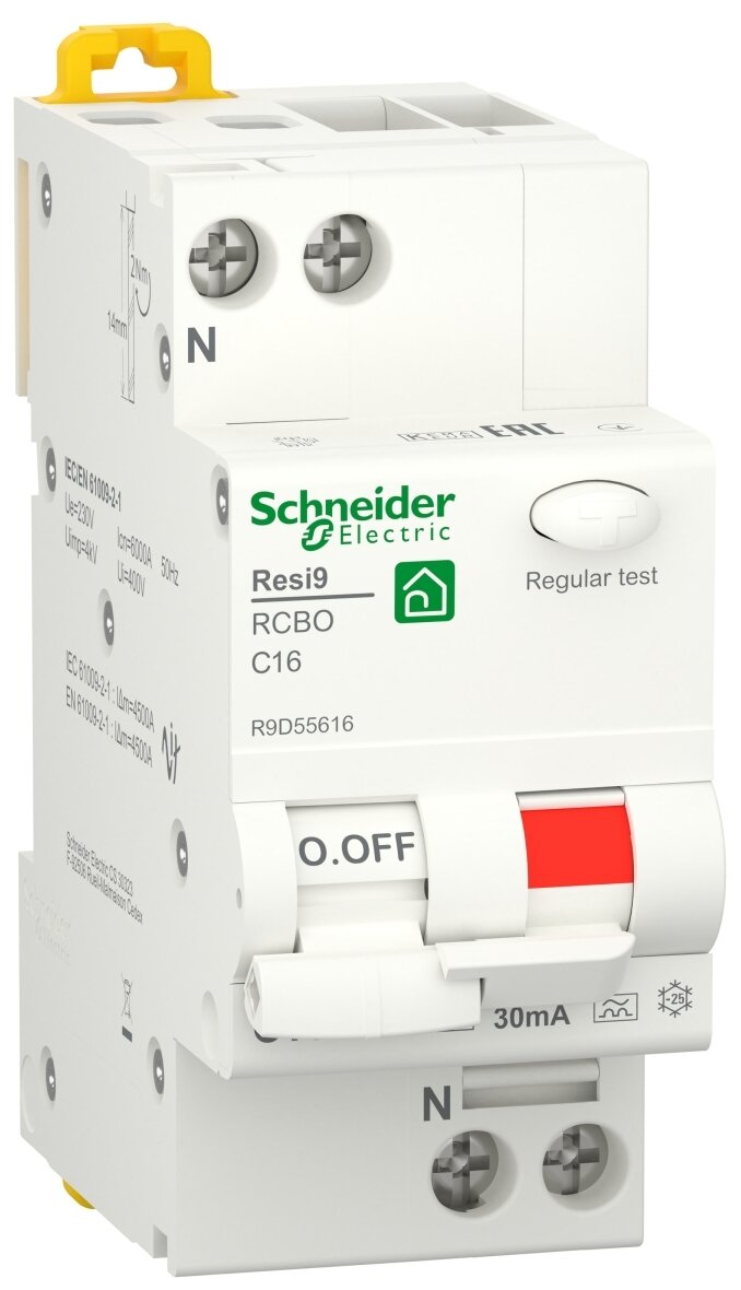 Дифференциальный автомат Schneider Electric Resi9 1P+N 16А ( C ) 6 кА, 30 мА ( A ), R9D55616