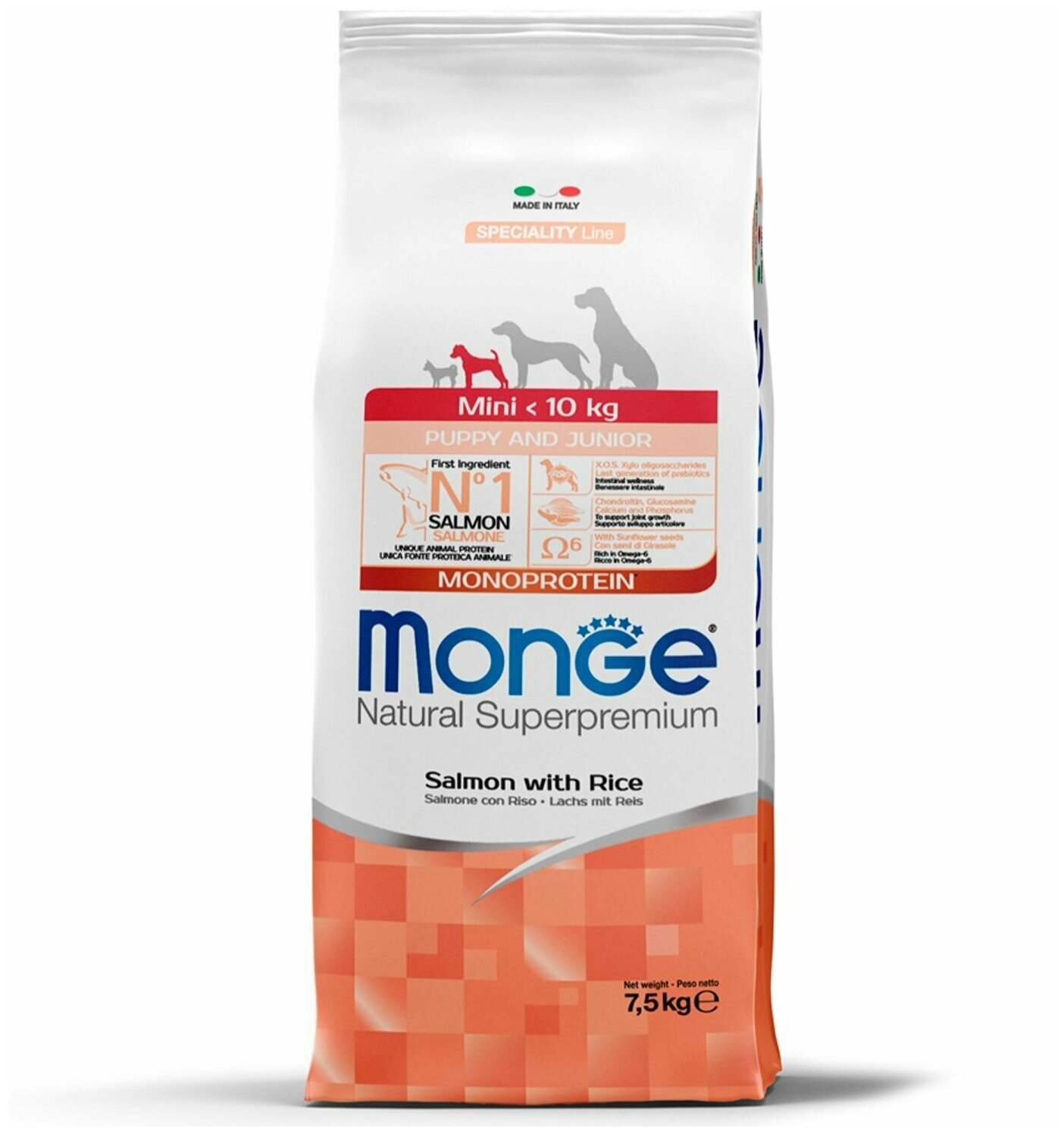 MONGE SPECIALITY MONOPROTEIN MINI PUPPY & JUNIOR SALMON монобелковый для щенков маленьких пород с лососем и рисом (7,5 кг)