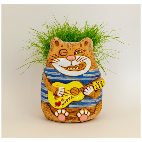 Кашпо керамическое для комнатных растений и цветов, Кот с гитарой