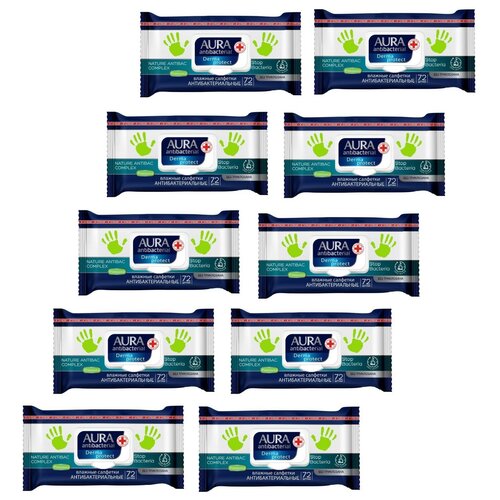 Aura Влажные салфетки антибактериальные с ромашкой 72 шт, 10 упаковок