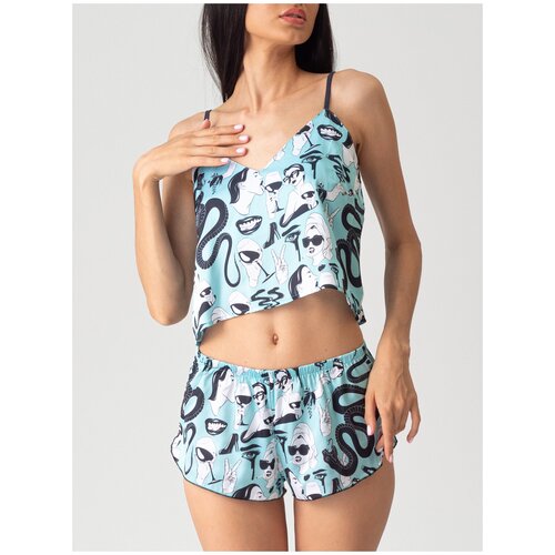 фото Пижама женская hot story «bitch», бирюзовая (топ + шорты) р-р 48-50