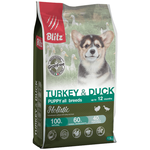 BLITZ PUPPY беззерновой TURKEY&DUCK корм для щенков, индейка и утка, 1,5 кг.