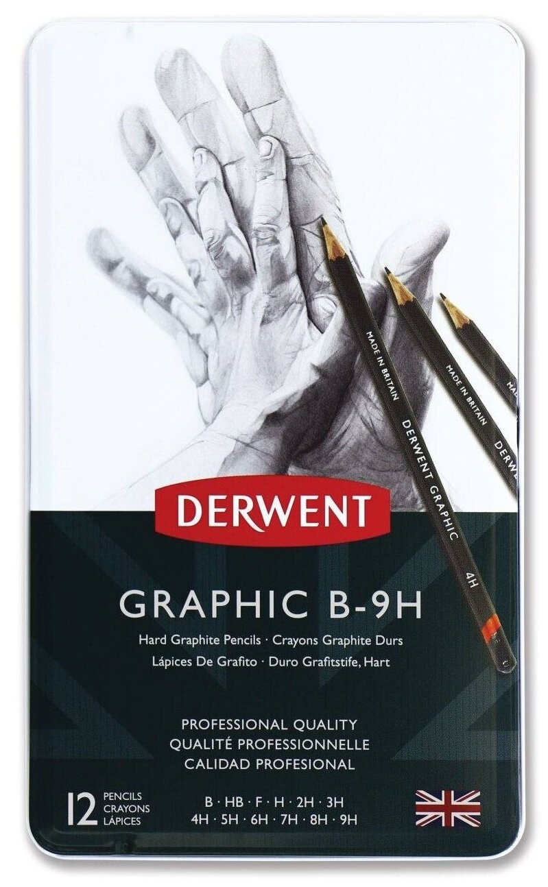 Набор карандашей чернографитных Derwent "Graphic Hard" 12 шт (B-9H) в металл коробке - фото №6