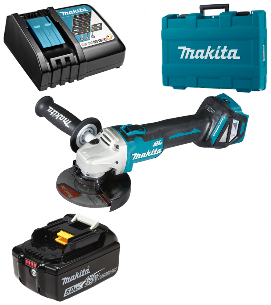 Аккумуляторная угловая шлифовальная машина Makita, 18В, 125 мм, 8500 об/мин, с АКБ 5 Ач и ЗУ, - фото №1