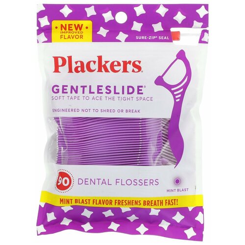 Plackers, Gentleslide, зубочистки с нитью, мята, 90 шт.