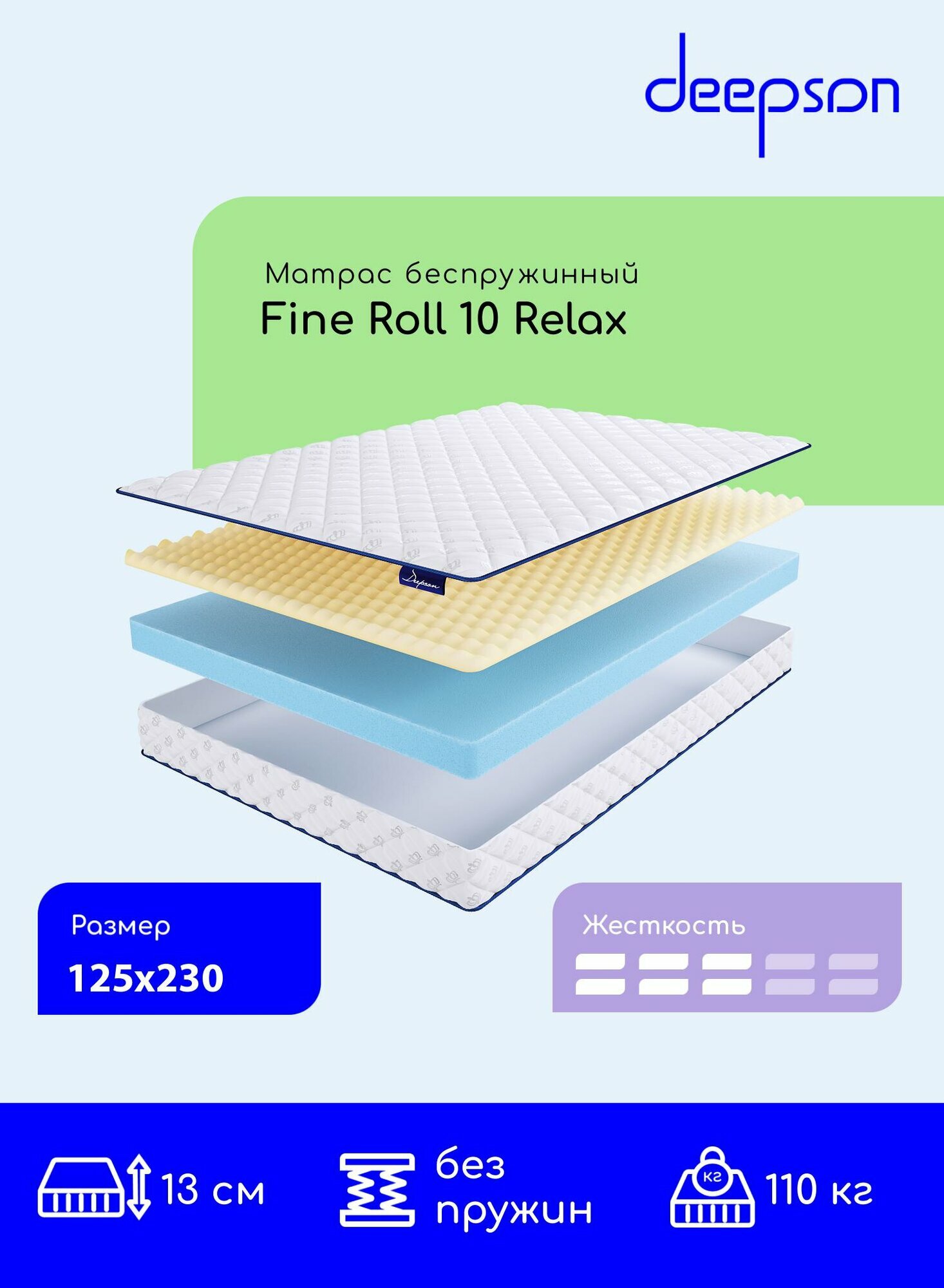 Матрас 125x230 ортопедический беспружинный Deepson Fine Roll 10 Relax