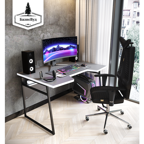 фото Стол компьютерный игровой, офисный, геймерский expert серый/белый каркас металл для пк и ноутбука 117х77 см базисвуд