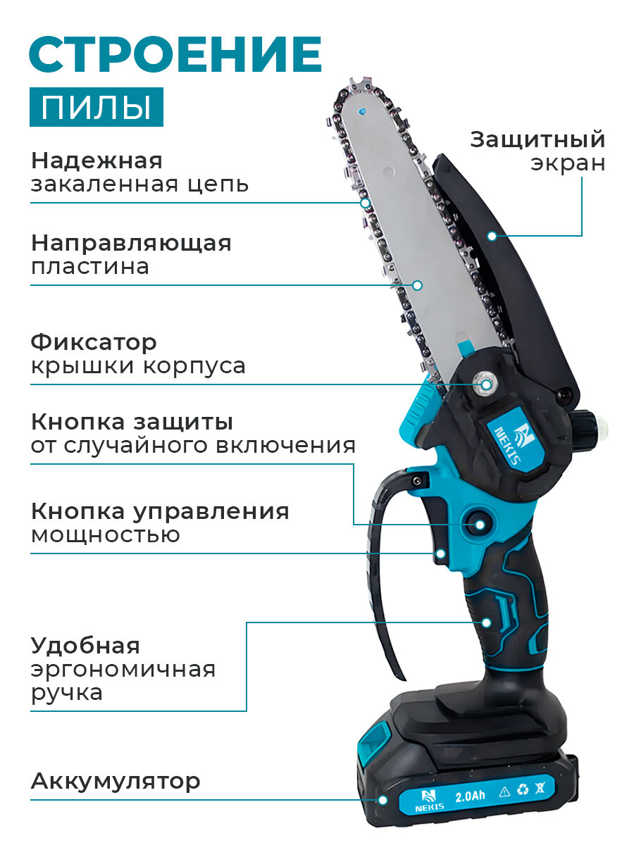 Цепная пила BAUST, 650 Вт, Li-Ion, 2 аккумулятора, подсветка — фото 1