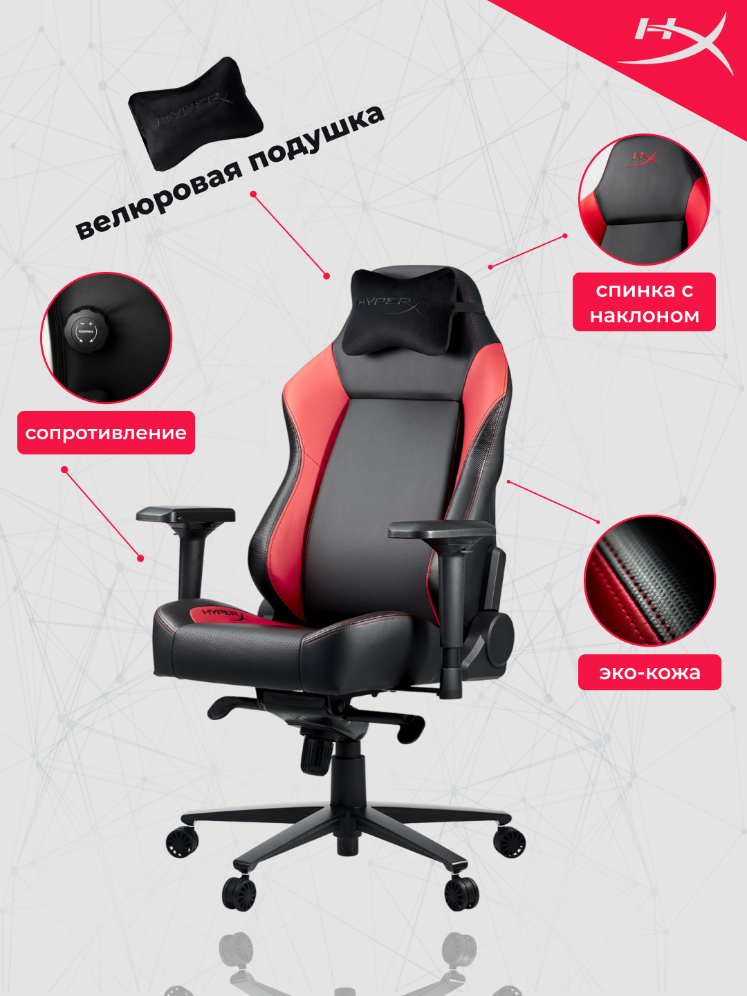Игровое компьютерное кресло HyperX Ruby, эко-кожа, 4D-подлокотники, газлифт 4,150 кг — фото 1