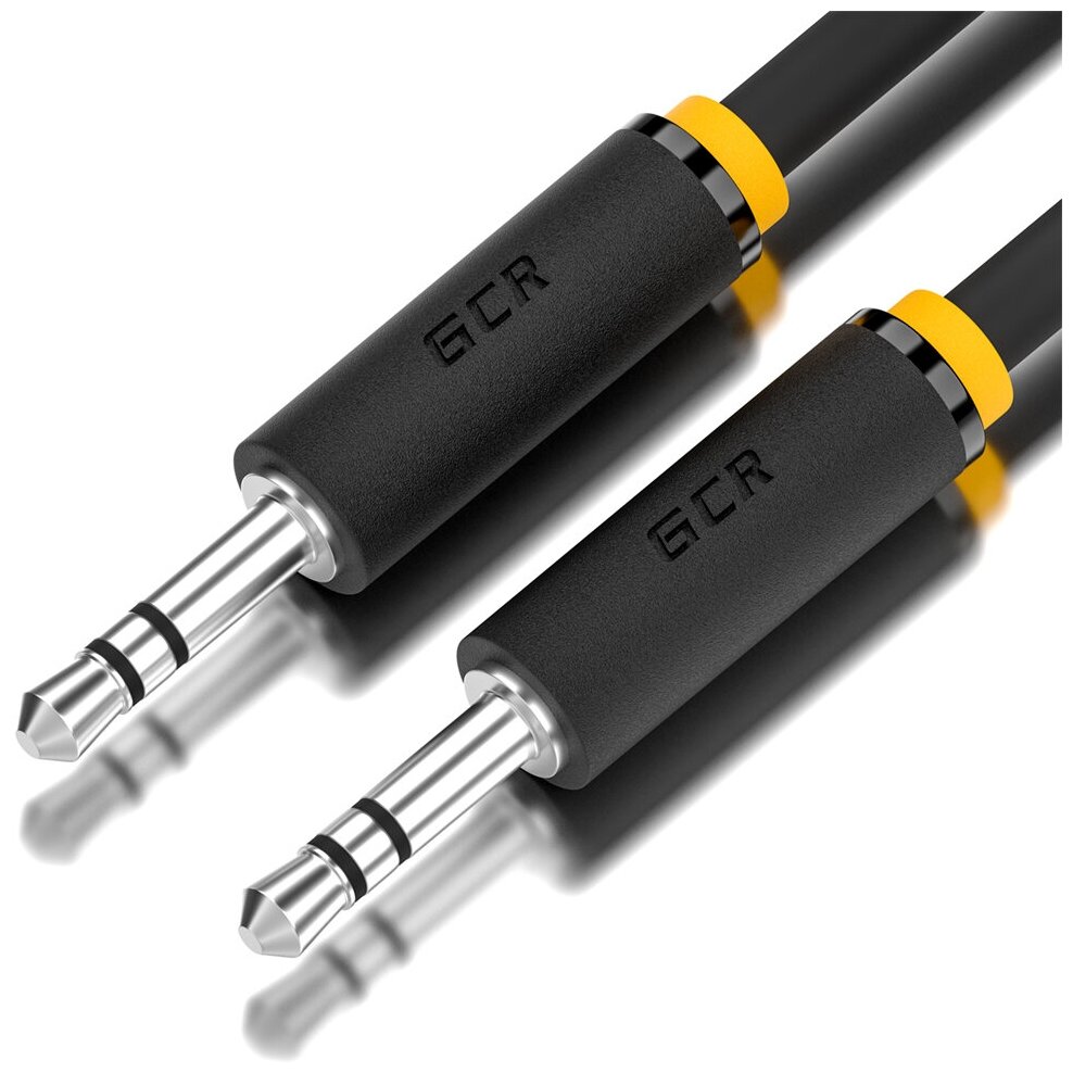 GCR AUX кабель 3м аудио jack 3,5mm/jack 3,5mm черный, желтая окантовка, ультрагибкий, экран, стерео