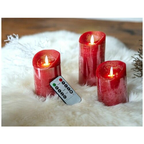 Набор восковых свечей красных тёплые белый LED-огни колышущееся пламя 75х10-125-15 см батарейки таймер диммер ПДУ 3 шт Peha Magic 8100₽