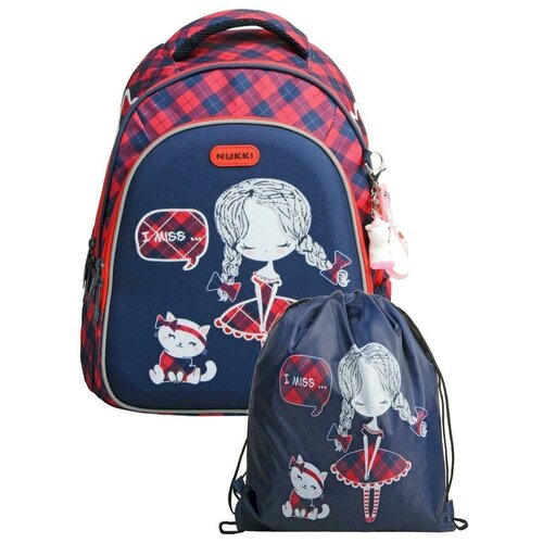 Ранец школьный с ортопедической спинкой для девочек NUKKI Девочка с котиком темно-синий; ярко-красный с мешком для обуви NUK21-G4001-02