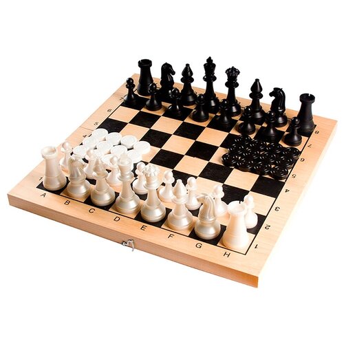 Игра 2 в 1 - шахматы гроссмейстерские пластиковые + шашки пластиковые, в деревянной доске 42х42см , 02-108 шахматы складные гроссмейстерские 37х37см с утяжелением
