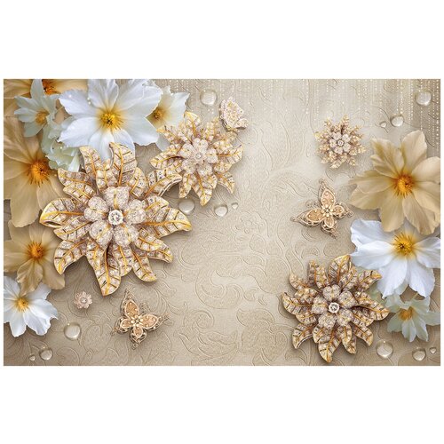 Фотообои Уютная стена Золотые цветы со стразами 3D 410х270 см Виниловые Бесшовные (единым полотном)
