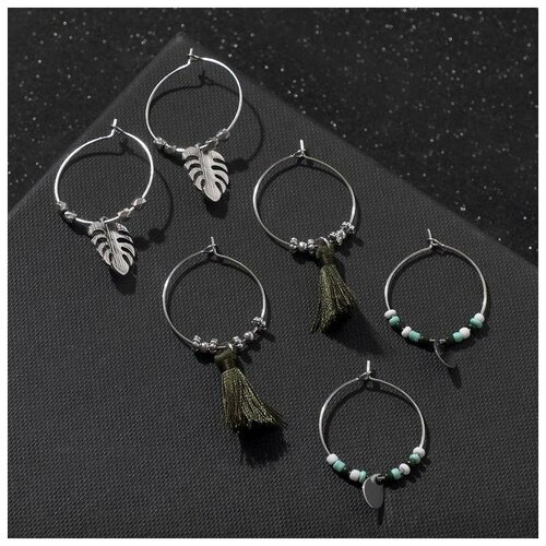 фото Серьги набор 3 пары "джунгли" кисточка, монстера, цвет зелёный в серебре yandex market