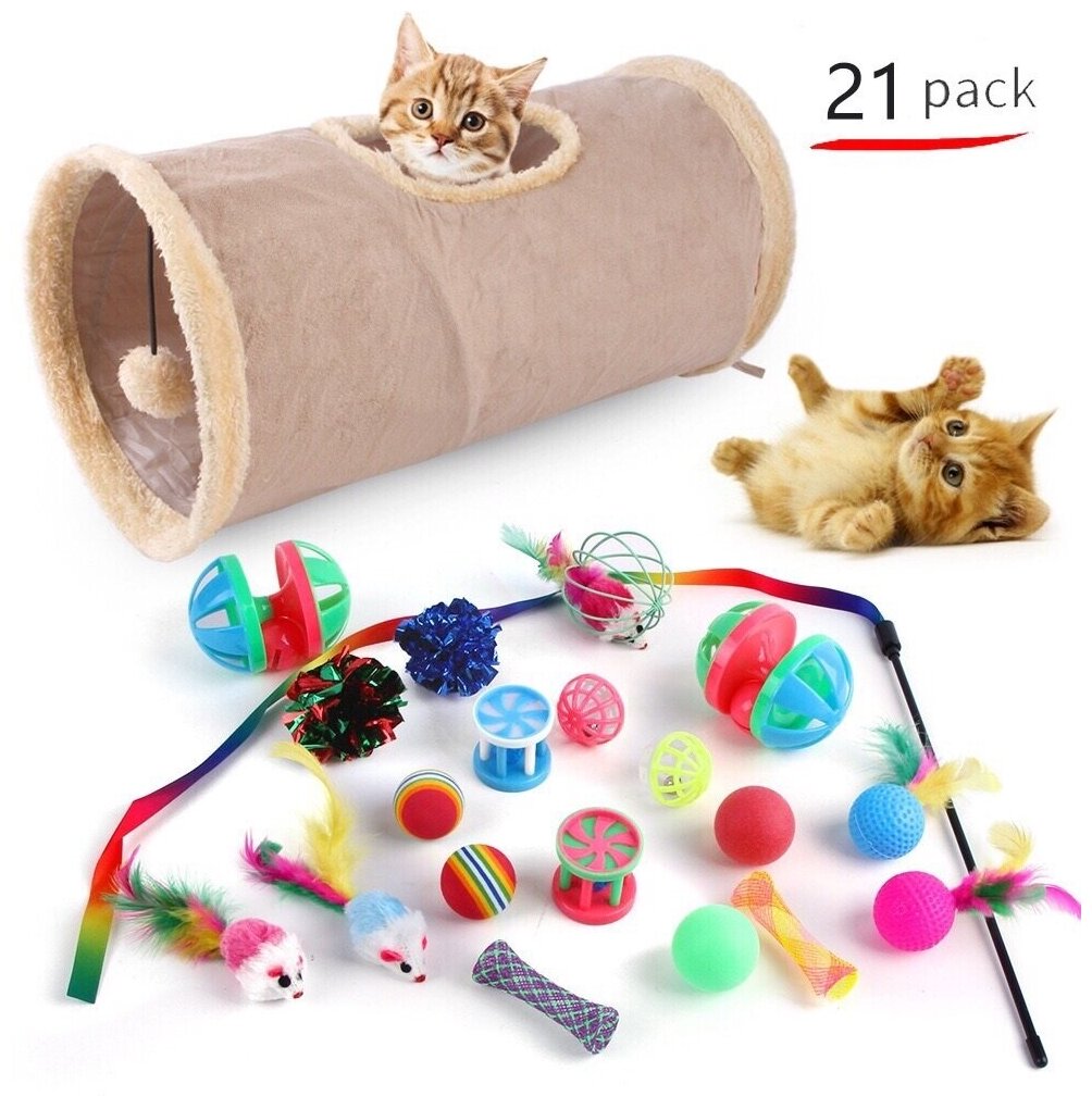 Игрушки для кошек и котят ZooWell Play с тунелем, игрушки для животных, набор из 21 игрушки