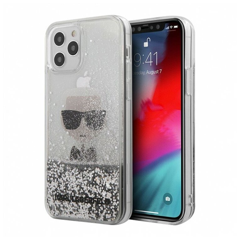 Чехол Karl Lagerfeld Liquid glitter Ikonik Karl (inner) Hard для iPhone 12 | 12 Pro, серебристый