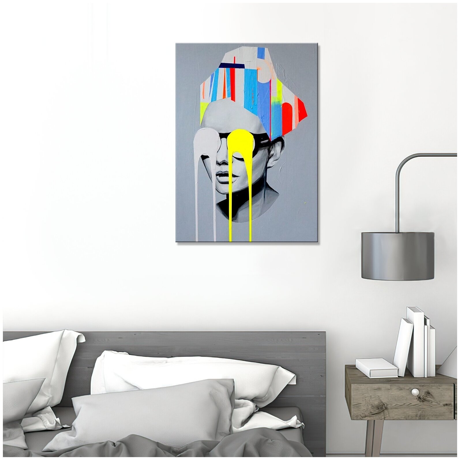 Интерьерная картина на холсте/ картина на стену/ в гостиную /спальню/ - Девушка в очках серый арт с яркими акцентами 60х80
