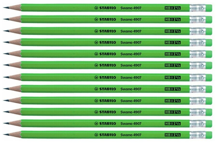 Карандаш чернографитный простой с ластиком НВ STABILO Swano, зеленый корпус (12шт)