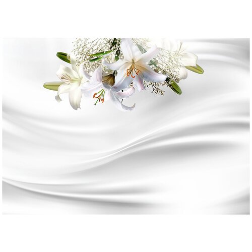 Букет лилий на белом атласе - Виниловые фотообои, (211х150 см)