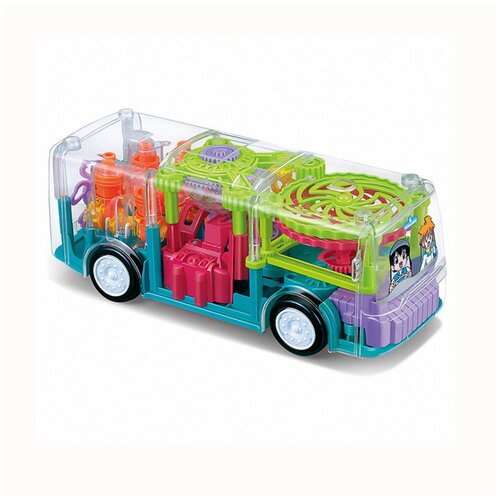 Автобус прозрачный с шестеренками, игрушка интерактивная для детей, машинка светящаяся