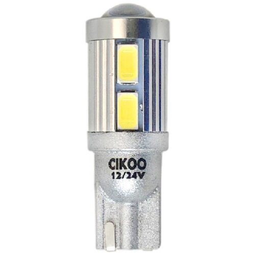 фото Светодиодная лампа cikoo w5w (т10) линза+10smd с чипом canbus. 12v-24v. биполярная