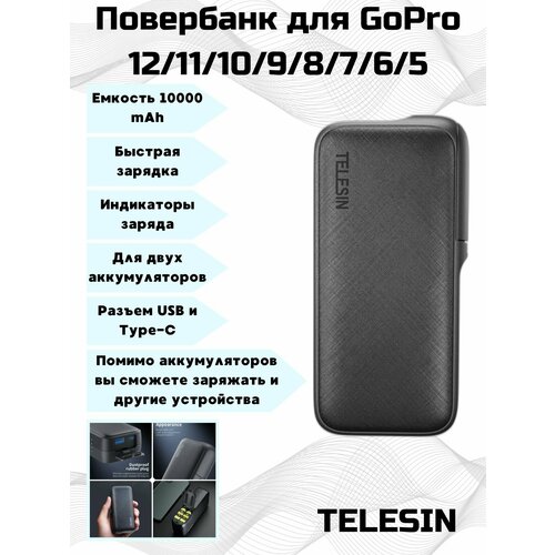 Повербанк с функцией быстрой зарядки на 2 аккумулятора GoPro 111098765 на 10000 mAh Telesin 455000₽