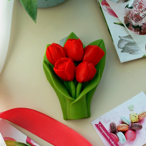 Мыло сувенирное Букет тюльпанов/набор женский/подарок 8 марта мыло ручной работы сувенирное подарочное 8 марта подарок чашка красная и фиолетовые тюльпаны