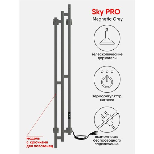 Полотенцесушитель электрический IND (INDIGO) Sky PRO 150/17 Magnetic Grey (таймер, скрытый монтаж, подключение: правый)
