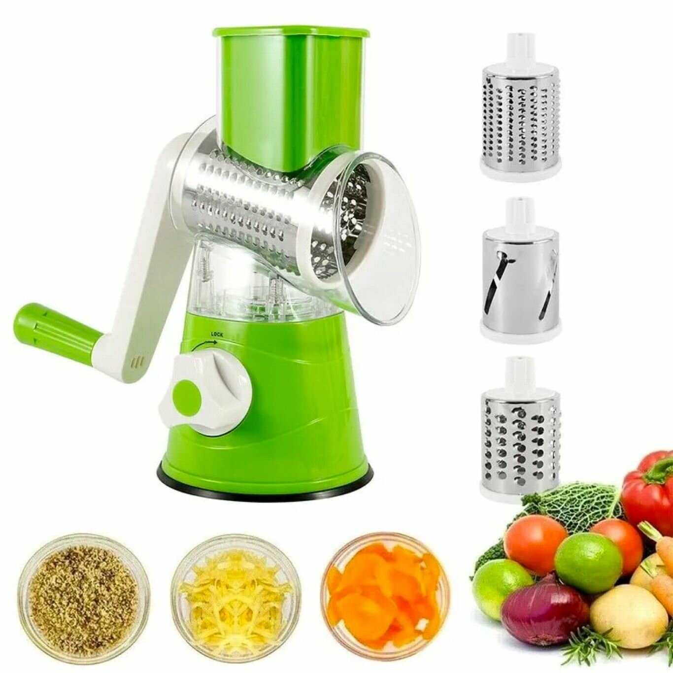 фото Многофункциональная Терка - Овощерезка ручная для овощей и фруктов с 3 насадками Слайсер ручной измельчитель / цвет зеленый