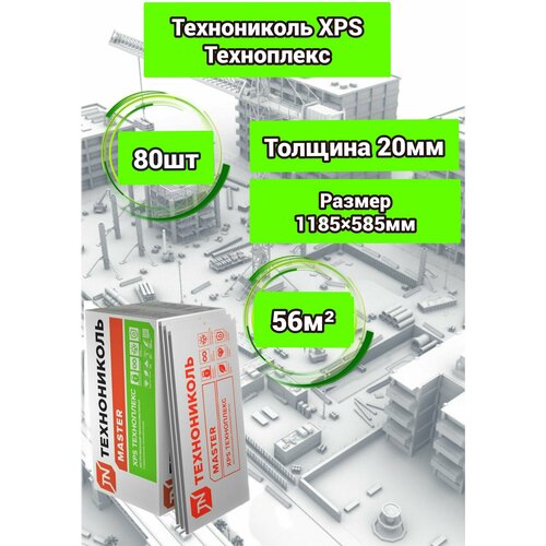 Утеплитель Технониколь Техноплекс 20 мм 80 плит 56м2 из пенополистирола для стен, крыши, пола утеплитель технониколь для стен 50 мм 12 плит 600х1200 мм 8 64 м²