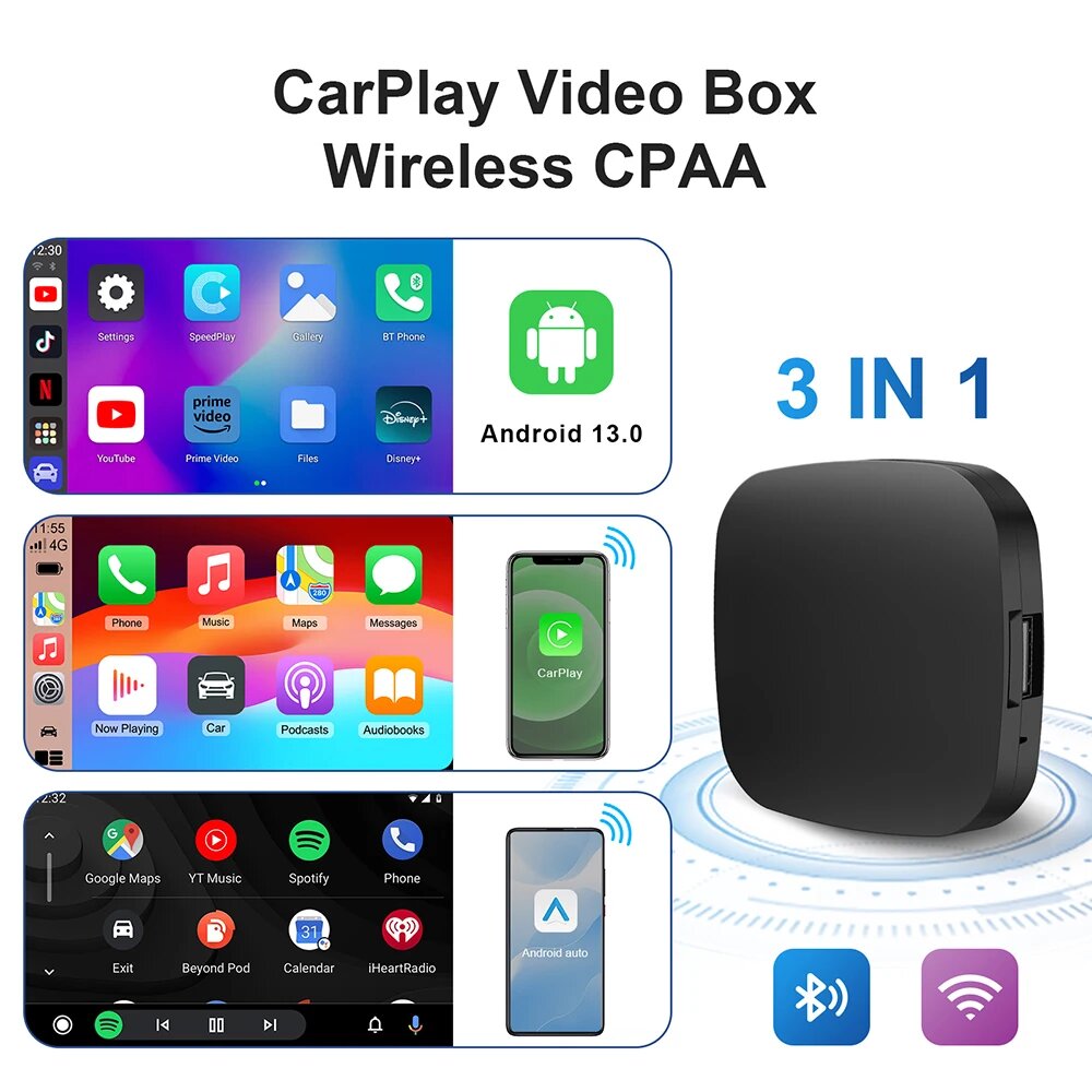 Android 13 CarPlay AI Box адаптер беспроводной CarPlay Android Авто Smart AI Box для Netflix YouTube FOTA обновленный Автомобильный мультимедийный, 2GB 32GB — фото 1