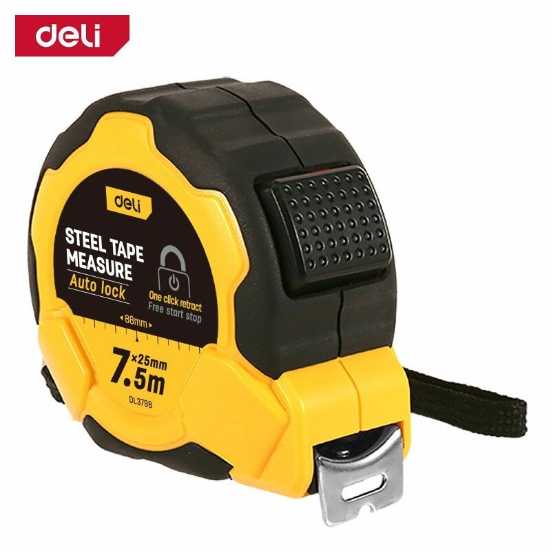 Рулетка прорезиненная с автостопом Deli DL3798 75м x 25мм (ударопрочный корпус метрическая шкала)